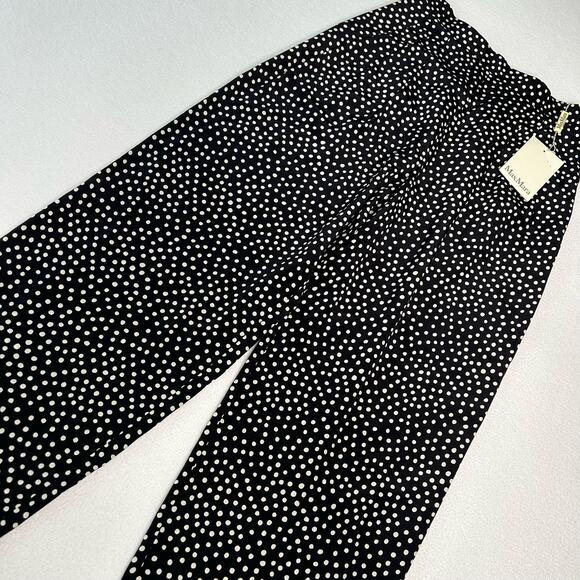 MaxMara Women's Size 8 NWT Wide Leg 100% Silk Pants Polka Dot Black